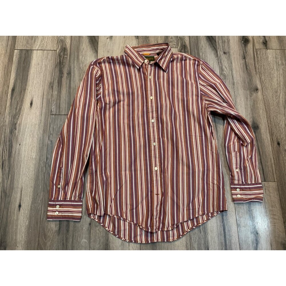 Timberland Men’s XL Cotton Button up Long Sleeve Orange Red Stripes White Shirt